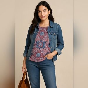 Talbots Petites Paisley Medallion Stretch Top MP Pink Blue Red
